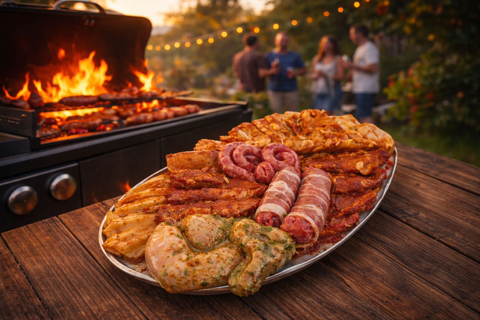 Gemischte Grillplatte mit mariniertem Schweinefleisch und Geflügel