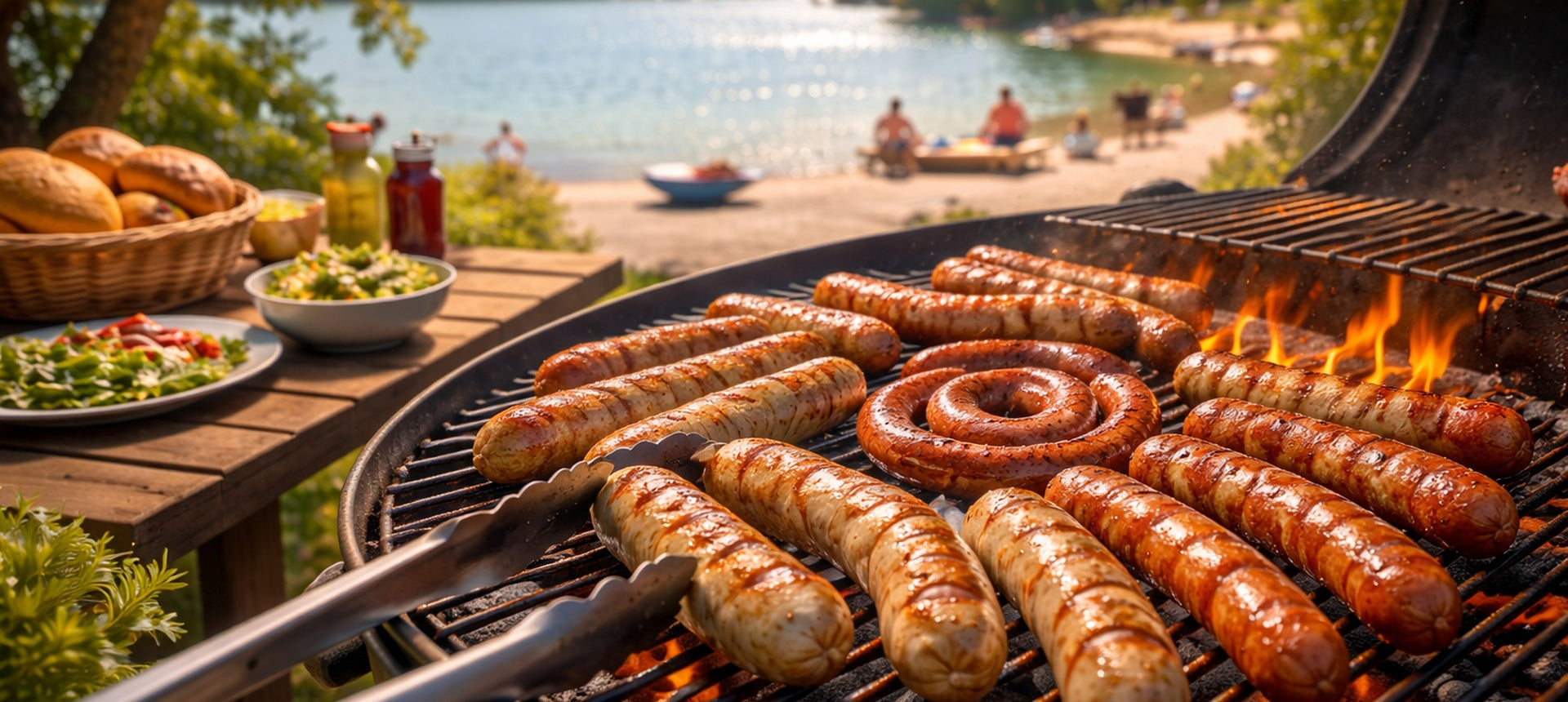 Grillwürstchen auf einem Holzkohlegrill an einem sonnigen See beim BBQ